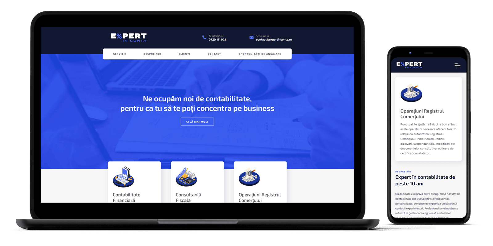 laptop and phones mockups with expertinconta.ro website screenshot